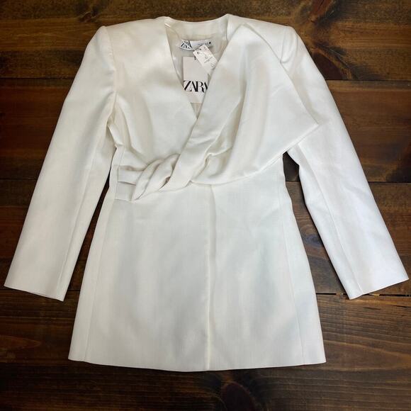 Zara Limited Edition White Blazer Mini Dress Women's Small Lined Twist Bow Rare - Picture 6 of 15
